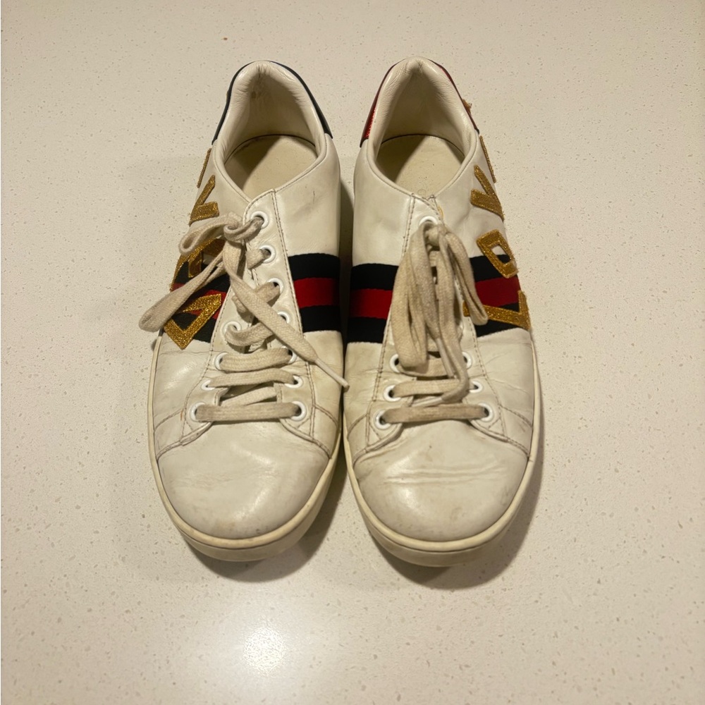 Gucci women White Sneakers with Gold and Red Accents